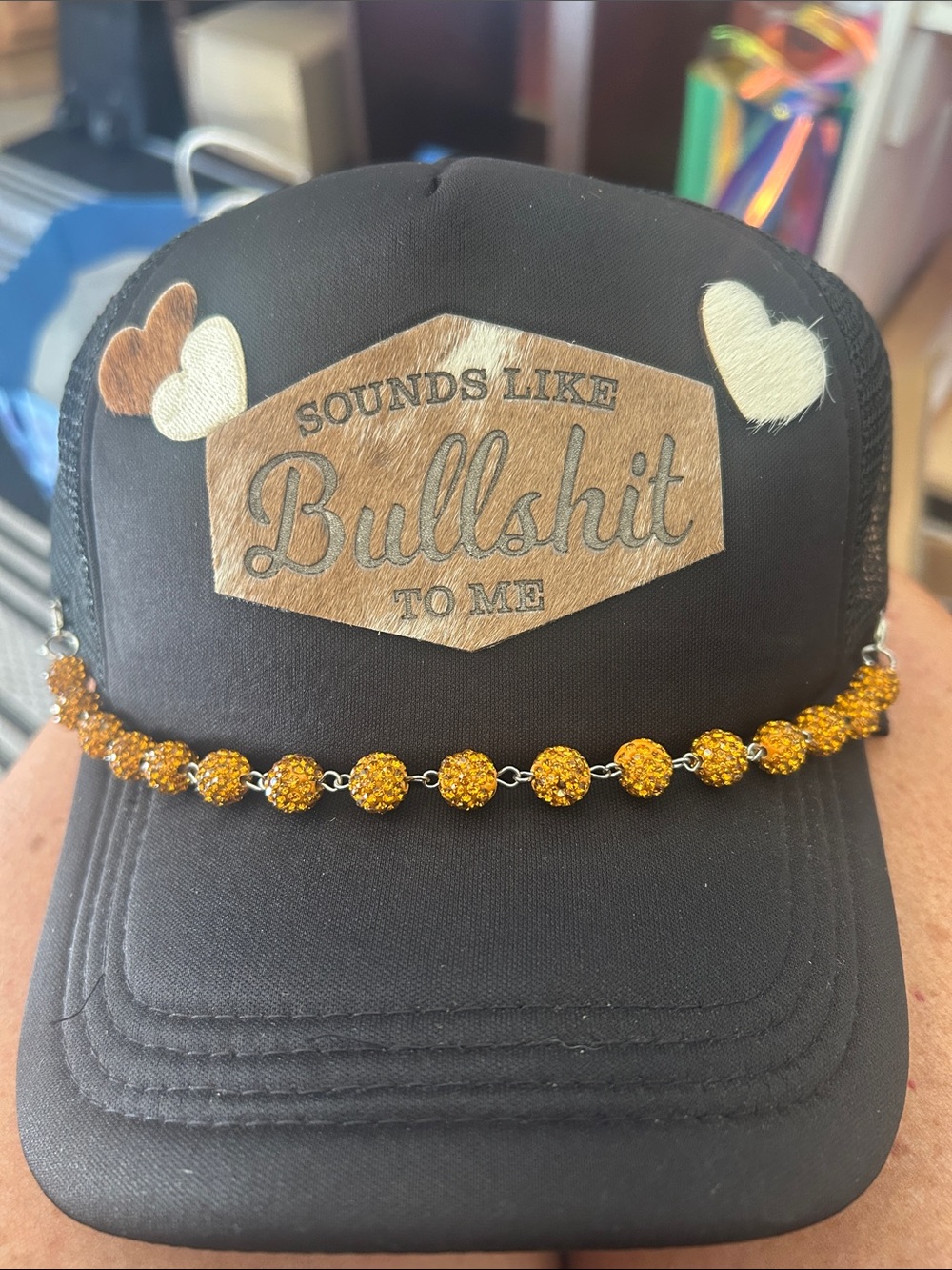 Black Trucker Hat with Gold Rhinestone Chain